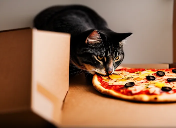 Image similar to photo of a very fat cat chewing pizza inside a cardboard box. nikon d 8 5 0 5 5 mm. dof. cinematic postprocessing.