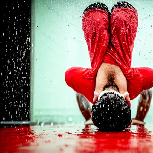 Image similar to Wet young man suffers standing on his head in the red room rain