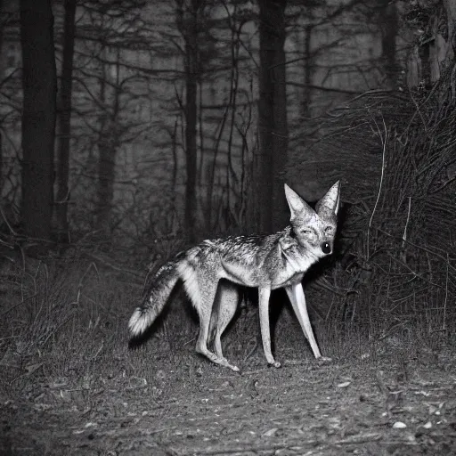 Image similar to bad quality blurry nightfootage nightcam black and white trailcam footage of native weird distorted human body Skinwalker transforming into a coyote, low resolution, compressed