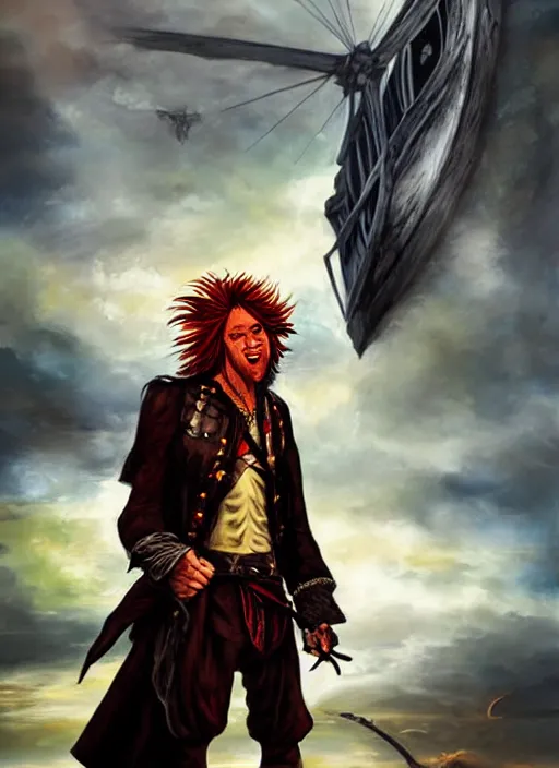 Image similar to epic fantasy portrait painting of a long haired, red headed male sky - pirate in front of an airship in the style of the death note