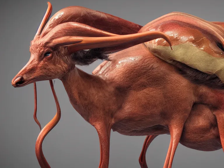 Prompt: Mutant antelope with translucent leather sacks of different sizes growing on its back. Concept art, octane render, extremely high detail, details, hyperrealism, cinematic, 8k, depth of field