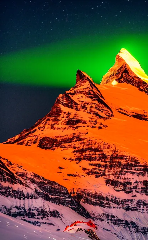 Image similar to a photo at nighttime of a powerful llumination of the matterhorn in the colors of indian flag, orange top, white middle, green base. projected illuminated on the matterhorn mountain at night