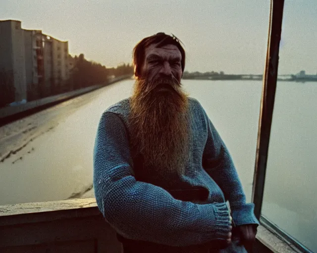 Image similar to lomographic tarkovsky film still of 4 0 years russian man with beard and sweater standing on small hrushevka 9 th floor balcony in taiga looking at sunset, perfect faces, cinestill, bokeh