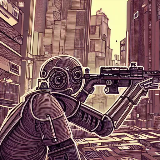 Image similar to detailed, intricate illustration of robot jesus shooting a gun in a cyberpunk city