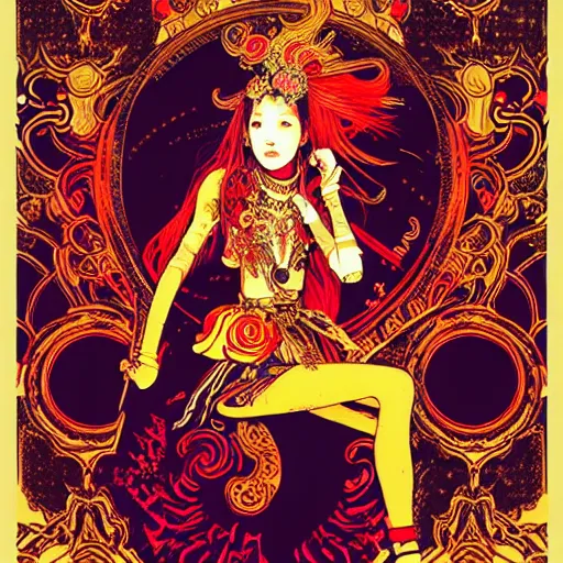 Image similar to jisoo + blackpink + elements + red + gold + neon + baroque + rococo + white + orange + ink + tarot card, ornate + by marc simonetti, paul pope, peter mohrbacher, detailed, intricate ink illustration + damask + award winning + 8 k