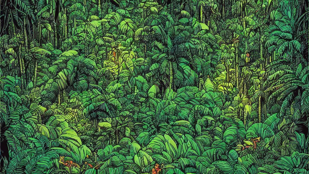 Prompt: a dense amazon rainforest jungle by dan mumford