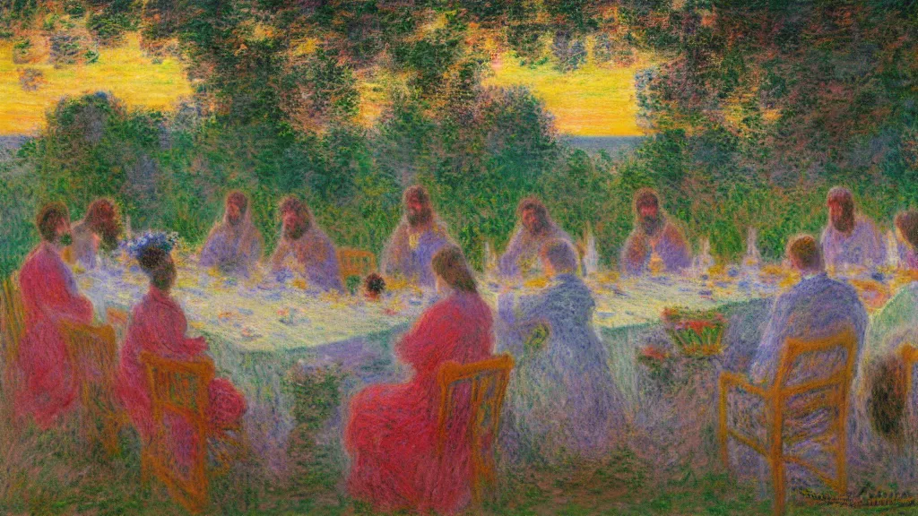 Prompt: the last supper claude monet, flowers, scenery, outside, grass, colorful, pastel, sunset, digital art.