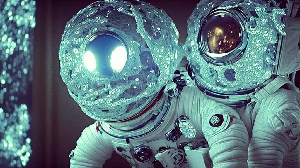 Image similar to a single astronaut eva suit made of diamond 3d fractal lace iridescent bubble 3d skin and covered with insectoid compound eye camera lenses floats through the living room, film still from the movie directed by Denis Villeneuve with art direction by Salvador Dalí, wide lens,