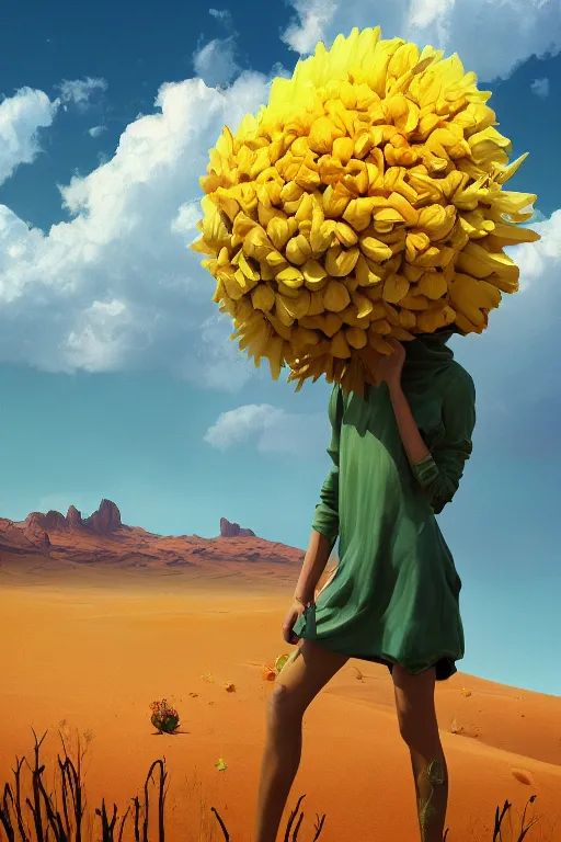 Prompt: closeup, giant flower head, girl in the desert, surreal photography, wind and cold, dramatic sky, impressionist painting, digital painting, artstation, simon stalenhag