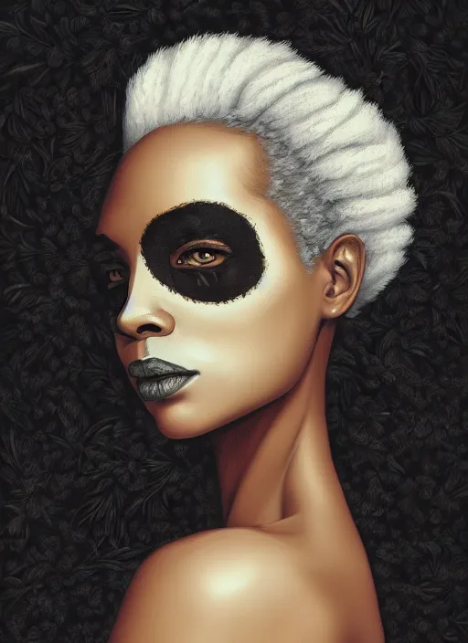 Prompt: a beautiful black womans face, made in profile of flower and leaf skeleton, white hair, in the style of dutch masters and gregory crewdson, dan mumford and justin gerard dark and moody, skin