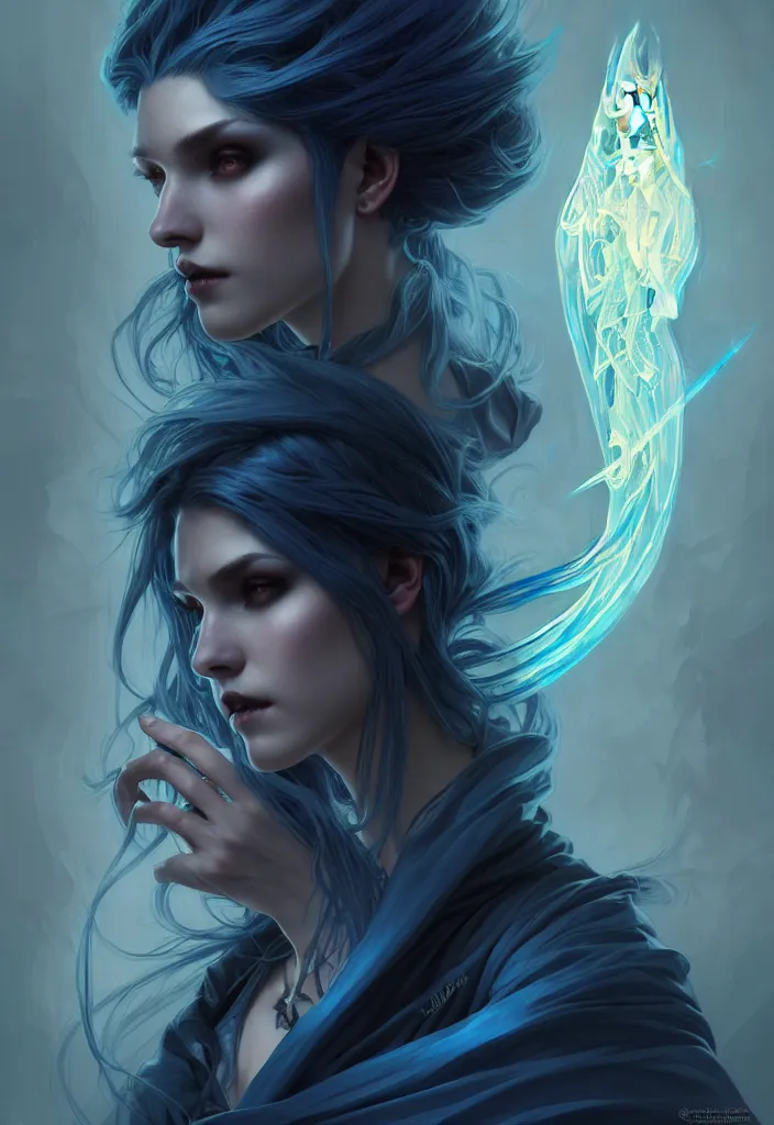 Prompt: Necromancer Sorceress, fantasy magic, undercut blue hairstyle, dark light night, intricate, elegant, sharp focus, illustration, highly detailed, digital painting, concept art, matte, art by WLOP and Artgerm and Greg Rutkowski and Alphonse Mucha, masterpiece