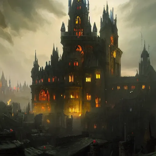 Image similar to a fantasy castle, dramatic lighting, city background, chiaroscuro, high detail, painted by greg rutkowski, painted by igor kieryluk, painted by bobby chiu, trending on artstation