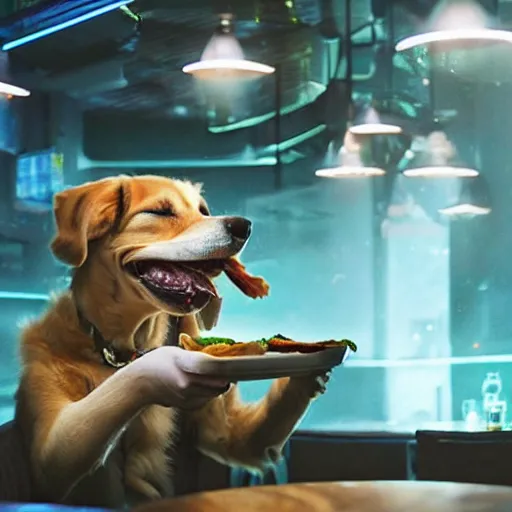 Prompt: dog eating a sandwich in a bar on an alien planet, cyberpunk