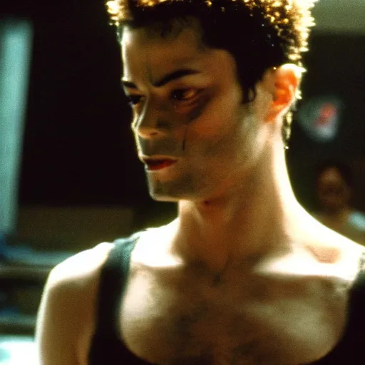 Image similar to michael jackson as tylor durden in the movie fight club, photo, still frame, cinematic.