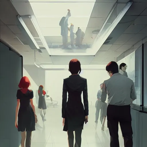 Prompt: human people walking among employee in an office, highly detailed,, artstation hd, deviantart, by madgwick,, greg rutkowski, artgerm, takato yomamoto, ilya kuvshinov, ross tran, conrad roset