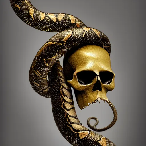 Image similar to large metallic skull attached to a long, coiled snake, stoic and calm, 8k, detailed, concept art, trending on artstation