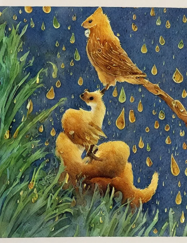 Prompt: deityof spring rain, in animal form. this watercolor and goldleaf work by the beloved children's book illustrator has interesting color contrasts, plenty of details and impeccable lighting.