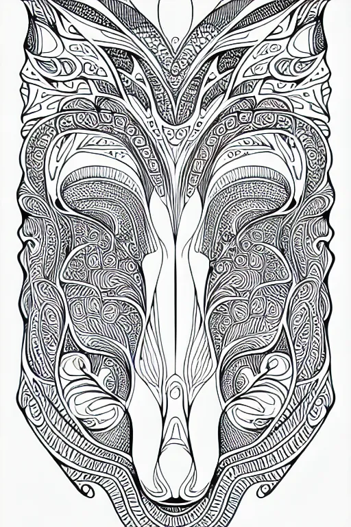 Image similar to fox ornaments fractal ink drawing line art colouring page, vector, margins, fine lines, centered