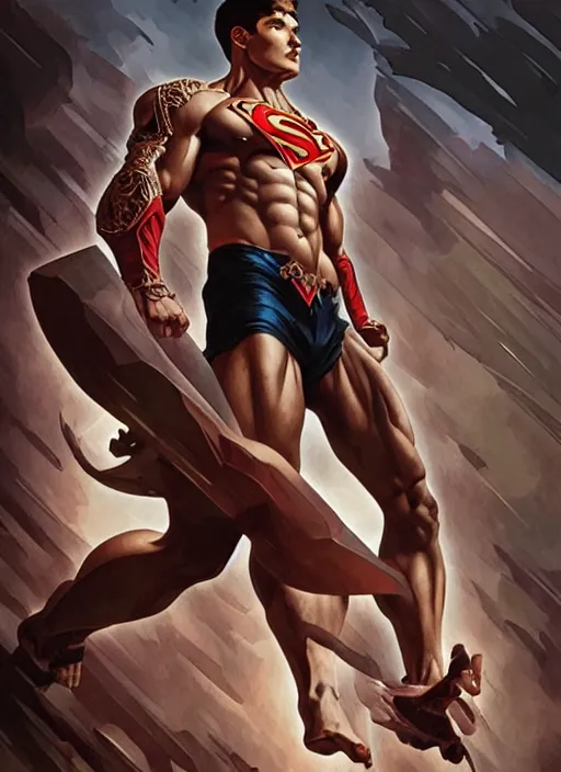 Image similar to aggressive superboy prime, d & d, muscular! crossfit anatomy, fantasy, intricate, elegant, highly detailed, digital painting, artstation, concept art, smooth, sharp focus, illustration, art by artgerm and greg rutkowski and alphonse mucha and alex ross and donato giancola and bayard wu and gustav moreau and wayne barlowe