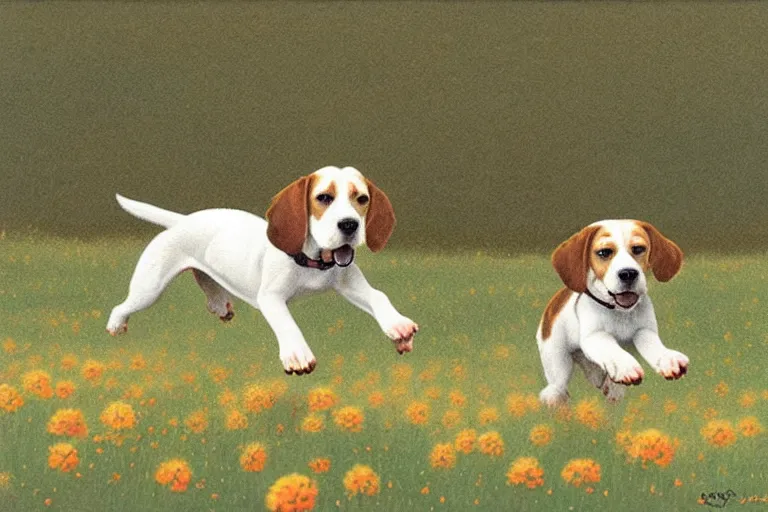 Image similar to white and brown beagle dog playing in a flowery field by Quint Buchholz