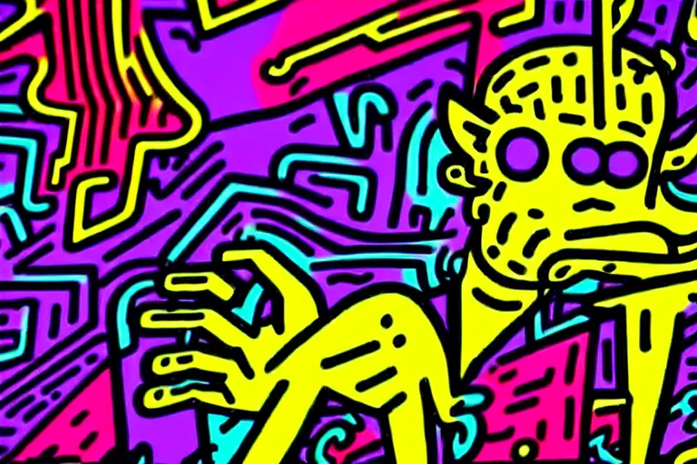 Prompt: pop art of a giant cyberpunk demon god, bright neon colors, intricate details, complementary colors, detailed face, backlighting, octane render, depth of field, extremely detailed, trending in artstation, focus on face, sharp focus, radiant light, beautiful composition, drawn by roy lichtenstein, keith haring, romero britto
