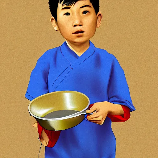 Image similar to dramatic portrait of chinese boy buzz cut, holding a cooking pan, digital painting