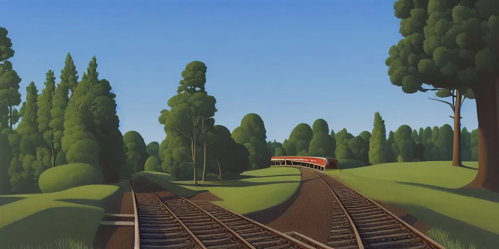 Prompt: tall bridge for trains, in the forest, blue sky, summer evening, kenton nelson