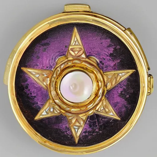Prompt: a photo of the lid of a vintage circular powder compact, basse-taille pink enamel over guilloché with an inlaid gold pentagram that has a different colored gem stone at each point and a large, round cabochon in the middle encircled by a gold crescent moon inlay. Tiffany & Co.