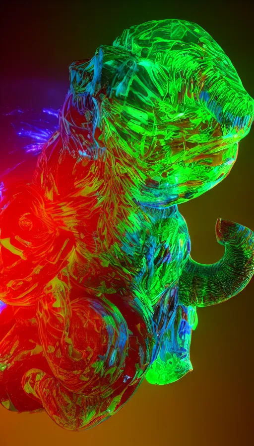 Prompt: 8K UHD Houdini render of crystalpunk mysterywave biocore herbalmancer elephant, background bioluminescent swirling wisps, red yellow green blue smoke gradient palette, volumetric lighting, 18 mm lens