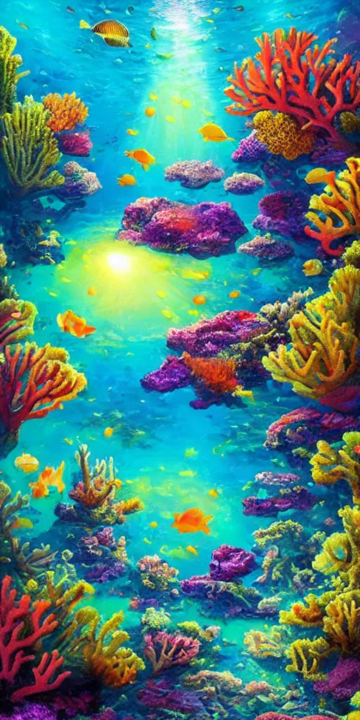 Image similar to underwater coral reef landscape magical realism painting with sun rays coming from above, neon pastel colors