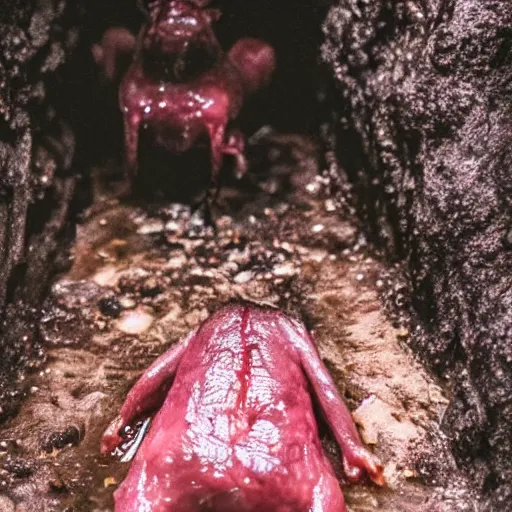 Prompt: glistening wet meaty minion crawling on its knees through a small tunnel, looking up towards the camera, horrifying atmosphere, cave photograph