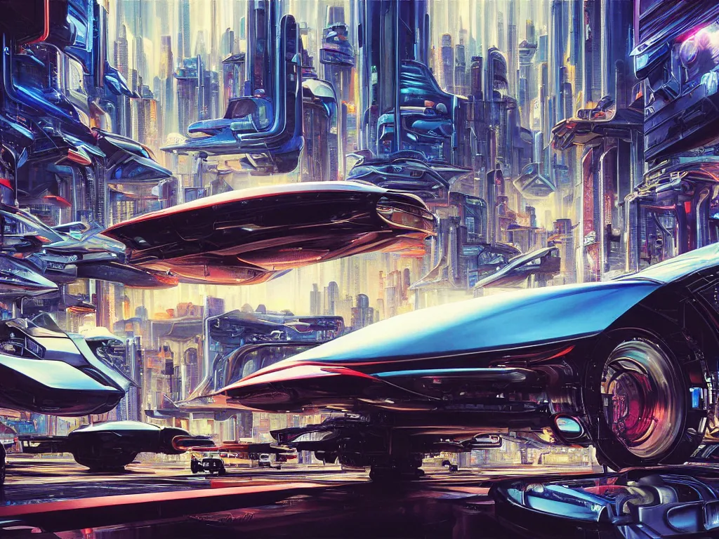 Prompt: hyperrealistic painting of a slice of life from a futuristic city, mechanical designs, futuristic vehicles, technological, detailed engineering, vivid color, elegant, meticulous, cinematic, cyberpunk style, highly detailed, realism, intricate, acrylic on canvas, 8 k resolution, concept art, by noriyoshi ohrai, francesco di giorgio martini