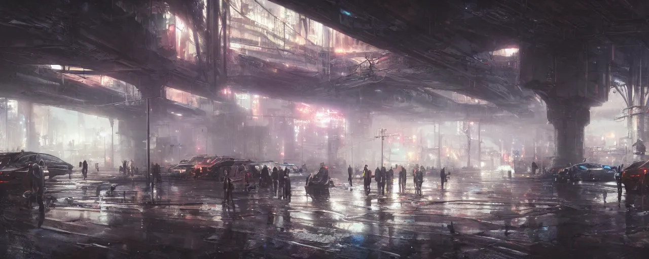 Image similar to under a highway bridge of a cyberpunk city, rain, night, flying shuttles, advertising pannels, rays of light, james gurney, greg rutkowski, unreal engine 5, artstation