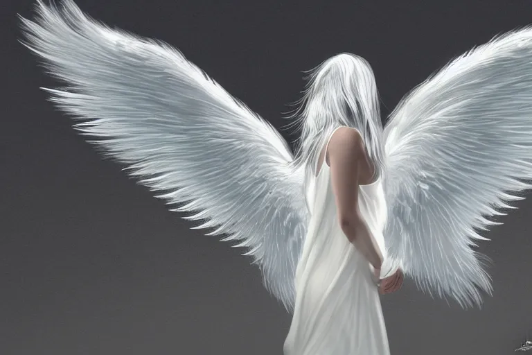 Image similar to a white angel with feathered wings open, digital art, 4k