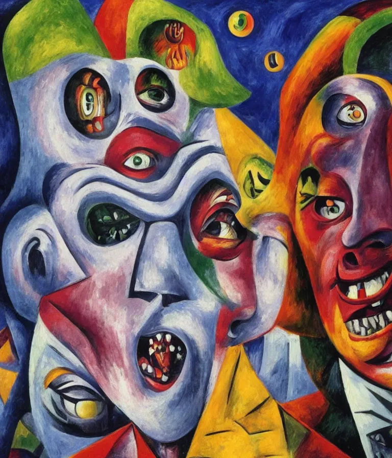 Prompt: Beautiful Horror Movie Poster made for the film Killer Klowns From Outer Space (1988), impasto cubist! oil painting by Pablo Picasso and Robert Delaunay, trending on artstation dramatic lighting Cubism 8k