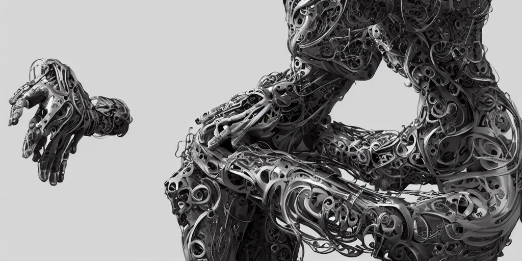 Image similar to photorealistic gorgeous symmetrical female cyborg, holding intimately, highly detailed, arms, knees, back, intricate, filigree, in the style of beth cavener, jin kagetsu, wlop, masterpiece, concept art, high key lighting, ambient lighting, octane render, 8 k, artstation
