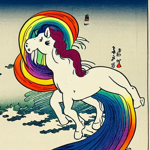 Image similar to A unicorn with rainbow color by Katsushika Hokusai