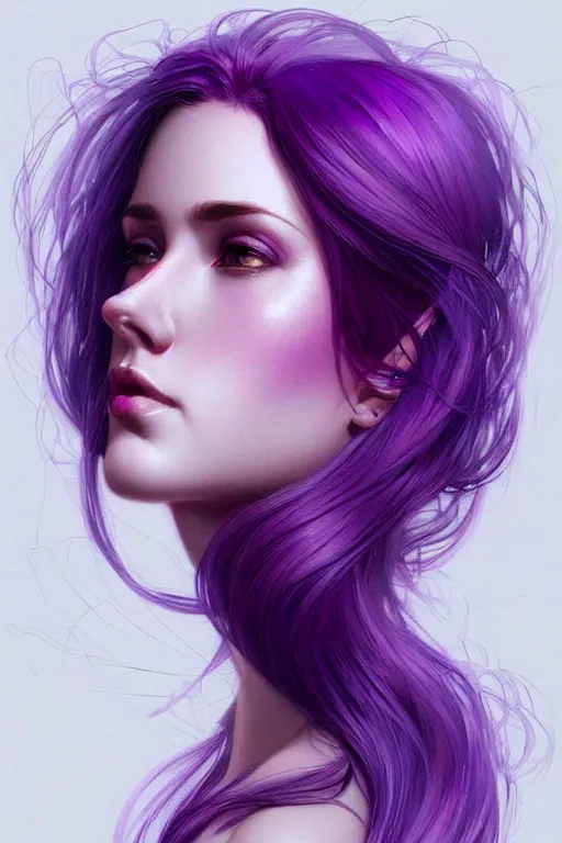 Image similar to Purple hair, creative colouring Portrait of woman face profile, fashion, coloured strands of hair, intricate, elegant, highly detailed, digital painting, artstation, concept art, smooth, sharp focus, illustration, art by artgerm and greg rutkowski and alphonse mucha