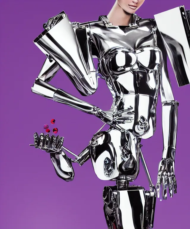 Prompt: a liquid metal robot is holding a fashion magazine and the magazine shows victoria's secret model and robot's head is partially moprhed into the model, realistic, 4 k