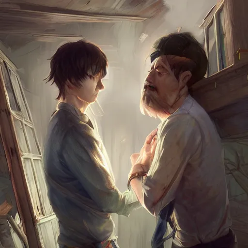 Image similar to two husbands leave each other inside a big wooden broken house by Stanley Artgerm Lau, WLOP, Rossdraws, James Jean, Andrei Riabovitchev, Marc Simonetti, Yoshitaka Amano, ArtStation, CGSociety, highly detaild 4K, cinematic style, studio light