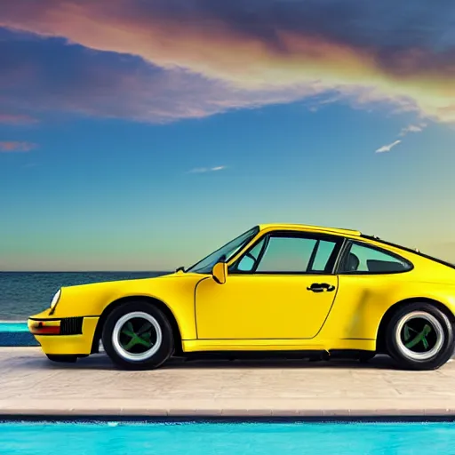 Image similar to a yellow 1 9 8 5 porsche 9 1 1 turbo driven half into a palm beach swimming pool, sunset, hyperreal, 4 k