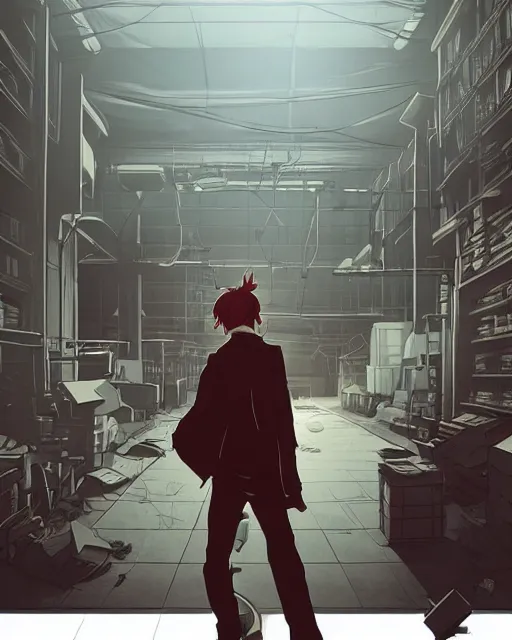 Image similar to Digital communist anime art by WLOP and Mobius, Karl Marx, serious expression, empty warehouse background, highly detailed, spotlight