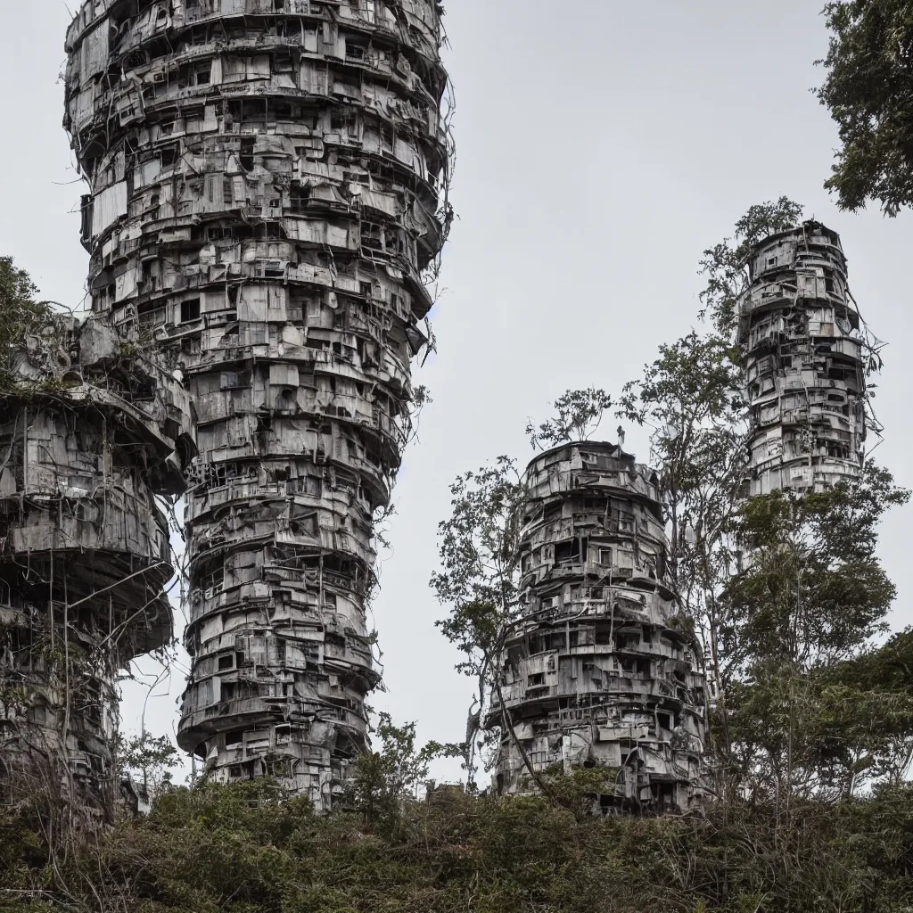 Image similar to a circular tower, made up of makeshift squatter shacks, dystopia, sony a 7 r 3, f 1 1, fully frontal view, ultra detailed, photographed by sugimoto hiroshi,