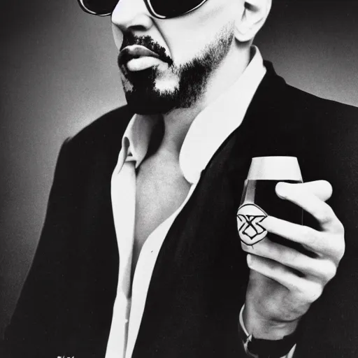 Prompt: photorealistic symmetrical portrait of anton lavey ( ¡ accurate face! ) in sunglasses with alcohol drink in his hand, photoshot by annie leibovitz, dc comics esthetics, highly detailed, 8 k resolution