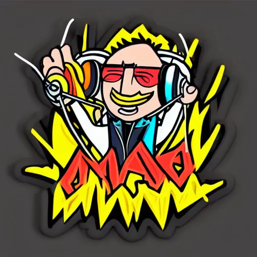 Image similar to svg vector sticker of absolutely insane-mad-scientist-villain, rocking out, wearing headphones, huge speakers, dancing, rave, DJ, spinning records, digital art, amazing composition, rule-of-thirds, award-winning, trending on artstation, featured on deviantart