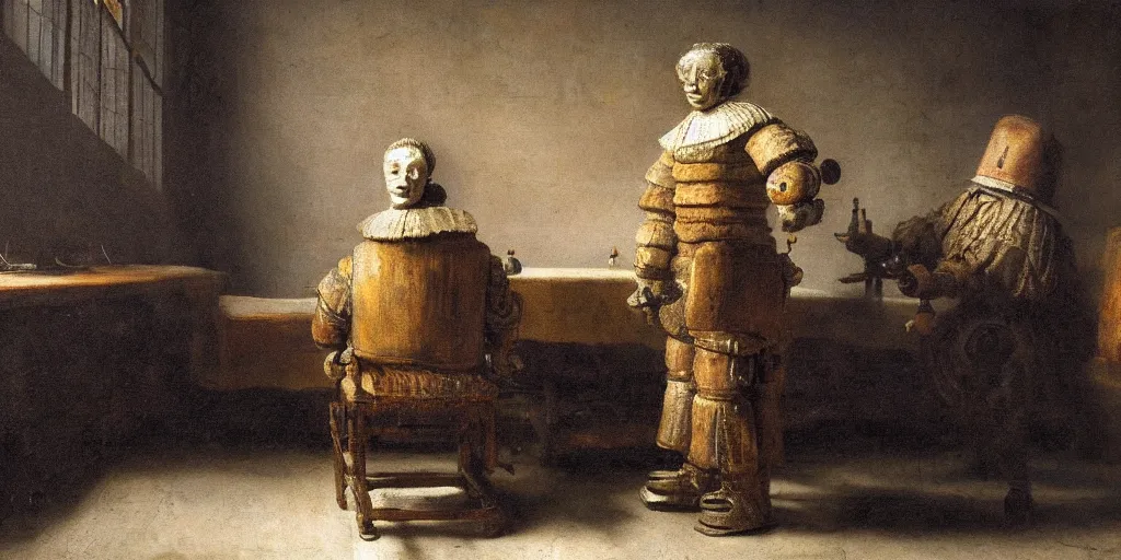 Prompt: A Rembrandt painting of a humanoid robot carefully constructing furniture, 4K, highly detailed