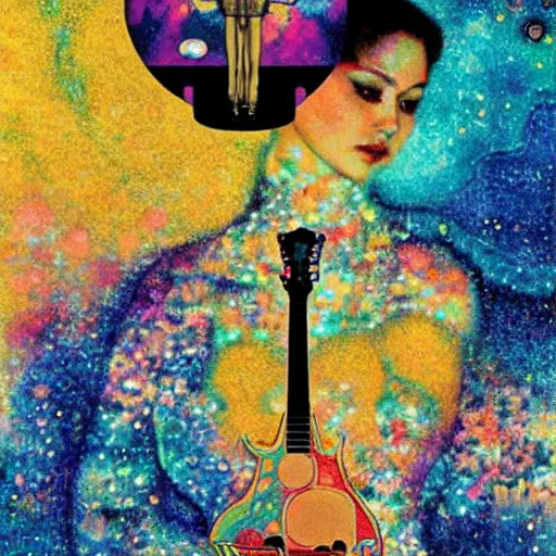 Image similar to synthwave transparent dark valley disk scallop guitar pulsar coconut , by Gustav Klimt and Ross Tran and Marc Chagall , trending on cgsociety , movie poster , tiki