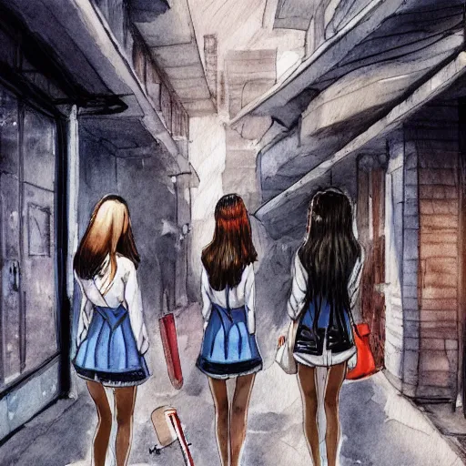 Image similar to a perfect, realistic professional digital sketch of a Japanese schoolgirls posing in a sci-fi alleyway, style of Marvel, full length, by pen and watercolor, by a professional American senior artist on ArtStation, a high-quality hollywood-style sketch, on high-quality paper