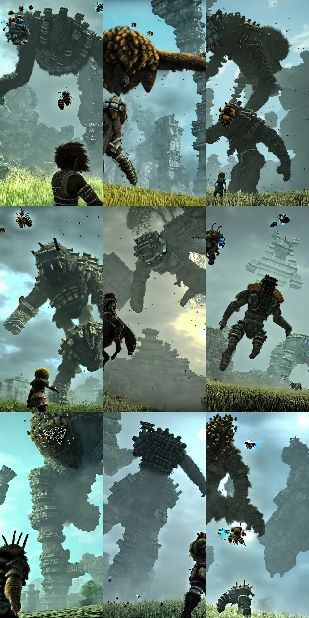 Prompt: ps 5 screenshot, shadow of the colossus covered in bees, wander face swelling from bee stings