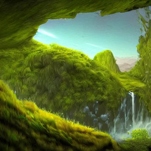 Image similar to digital painting of a lush natural scene on an alien planet by vincent. beautiful landscape. weird vegetation. cliffs and water. featured on deviantart.